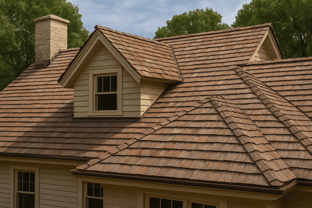 Craftsman installing cedar shake roofing on residential home