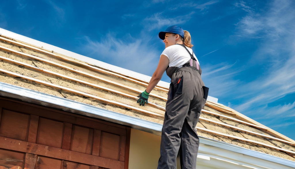Woman in overalls and cap on a pitched roof, handling wooden roof planks against a blue sky.