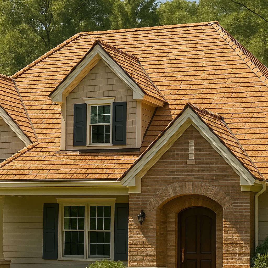 Suburban home with a cedar shake roof, surrounded by trees, captured in bright daylight