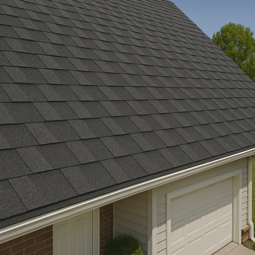 Suburban home with new asphalt shingle roof under clear blue sky